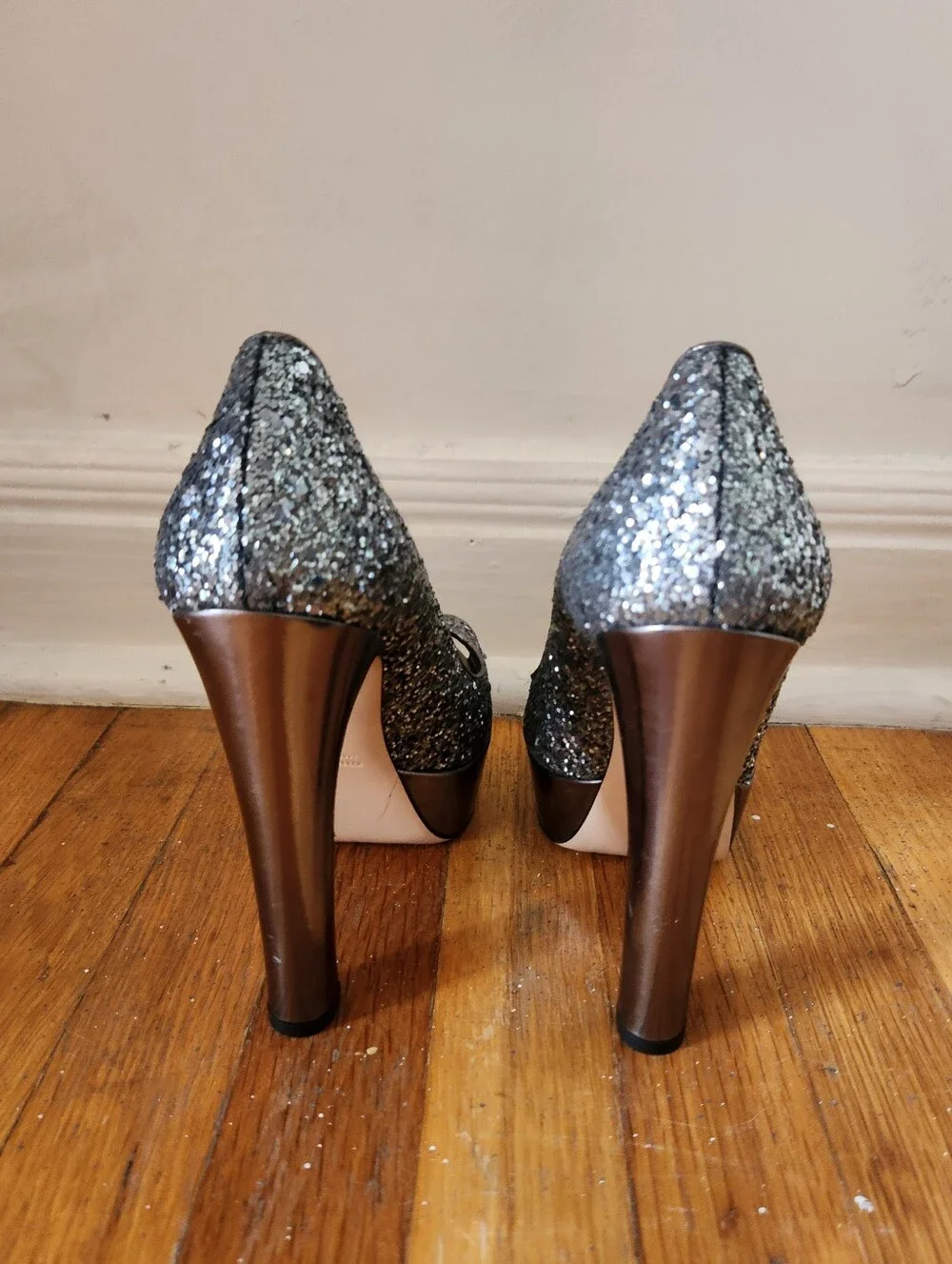 Vintage MIU MIU Platform Gunmetal Glitter Pumps Y2K